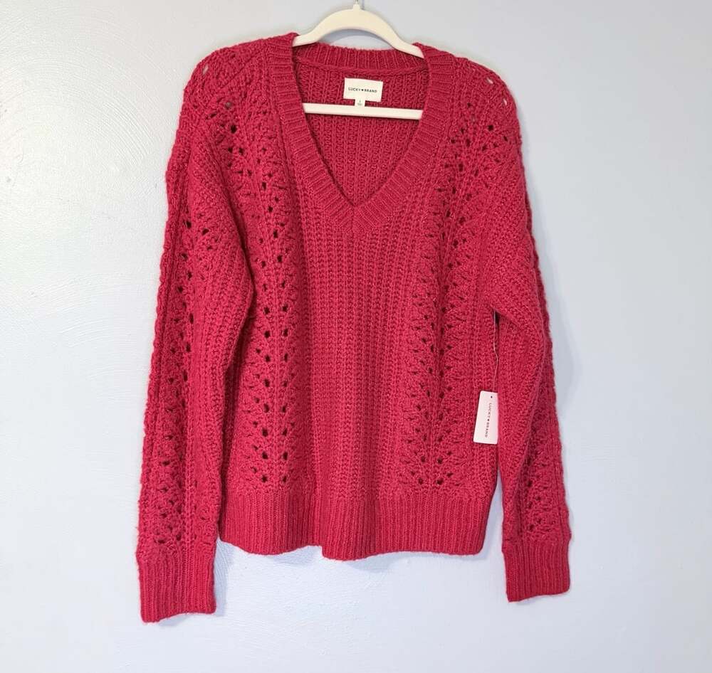 Lucky Brand Open Stitch V-Neck Pullover Sweater Red Size L NWT